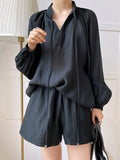 Momentlover Casual Loose Solid Color Puff Sleeves Blouse&Wide Leg Shorts Two Pieces Set