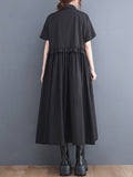Momentlover Simple Short Sleeves Loose Buttoned Falbala Split-Joint Solid Color Midi Shirt Dress