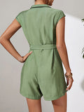 Momentlover Zipper Solid Color Short Sleeves Lapel Collar Rompers