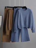 Momentlover Stylish Loose High-Low Long Sleeves Solid Color Round-Neck Sweater Tops& Wide Leg Pants Two Pieces Set