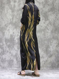 Momentlover Split-back Printed Pockets Loose Long Sleeves V-neck Maxi Dresses
