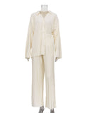 Momentlover Urban Loose Pleated Solid Lapel Collar Blouses Tops & Wide Leg Pants Two Pieces Set