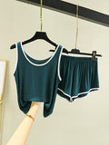 Momentlover Home Wear Loose Sleeveless Contrast Color Round-Neck Vest&Shorts Pajamas Set