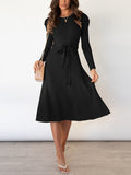 Momentlover Tied Waist Solid Color Long Sleeves High Waisted Round-Neck Sweater Dresses Midi Dresses