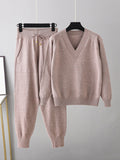 Momentlover Casual Loose Harem Pants Solid Color V-Neck Sweater Tops Pants Two Pieces Set