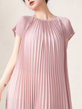 Momentlover Urban Loose Pleated Solid Color Round-Neck Mini Dresses