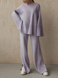 Momentlover Casual Long Sleeves Loose Solid Color Round-Neck Sweater Tops & Wide Leg Pants Two Pieces Set