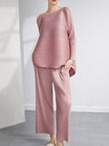 Momentlover Loose Pleated Solid Color High-Low Round-Neck T-Shirts  + Pants Two Pieces Set