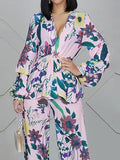 Momentlover Flower Print High Waisted Long Sleeves Tied Waist V-Neck Shirts Top + Pants Bottom Two Pieces Set