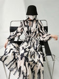 Momentlover Tied Split-Joint Printed Hollow Elasticity Puff Sleeves Loose Mock Neck Midi Dresses