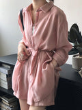 Momentlover Loose Solid Color Long Sleeves Blouse + Pleated Shorts Two Pieces Set