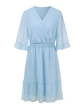 Momentlover Original Half Sleeves Loose Polka-Dot Falbala Solid Color V-Neck Mini Dresses