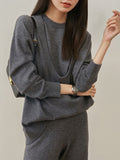 Momentlover Urban Loose Solid Round-Neck Vest Top& V-Neck Sweater Tops& Wide Leg Pants Three-Piece Set