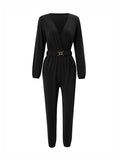 Momentlover Elasticity Belted Long Sleeves V-neck Jumpsuits