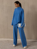 Momentlover Casual Solid Color Irregularity High-Neck Sweater& Wide Leg Pants Suits