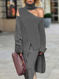 Momentlover Irregularity Solid Color Split-Front Cold Shoulder Sweater Tops& Skirts Two Pieces Set
