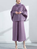 Momentlover Simple Loose Long Sleeves Pleated Solid Color High-Neck T-Shirt Top&Wide Legs Pants Two Pieces Set