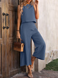 Momentlover Loose Sleeveless Pockets Solid Color Round-Neck Vest Top&Pants Two Pieces Pants Set
