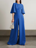 Momentlover Loose Short Sleeves Solid Color Round-Neck Jumpsuits