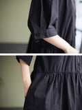 Momentlover Original Loose Solid Color Buttoned Pleated Midi Dress
