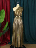 Momentlover Solid Color Shiny Pleated Asymmetric Sleeveless Plus Size One-shoulder Maxi Dresses