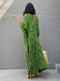 Momentlover Green Leopard V-Neck Split-Side Batwing Sleeves Maxi Dress