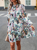 Momentlover Tied Split-Joint Printed Puff Sleeves Loose Mock Neck Mini Dresses