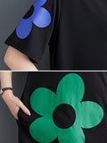 Momentlover Split-Joint Floral Printed Short Sleeves Loose Round-neck Midi Dresses