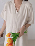Momentlover Loose Solid Color V-Neck Pleated With Pockets Midi Dresses