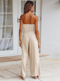 Momentlover Original Cold Shoulder Tied Solid Color Straight Leg Jumpsuits