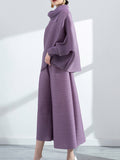 Momentlover Simple Loose Long Sleeves Pleated Solid Color High-Neck T-Shirt Top&Wide Legs Pants Two Pieces Set