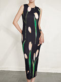 Momentlover Pleated Flower Print Sleeveless Loose Round-Neck Midi Dresses