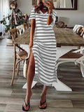 Momentlover Striped Split-Side Printed Short Sleeves Loose V-Neck Midi Dresses