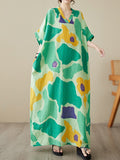Momentlover Contrast Color Color-Block Raglan Sleeve Loose Round-Neck Maxi Dresses