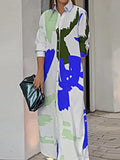Momentlover Split-Side Printed Pockets Contrast Color Buttoned Wrap Loose Shirt Dress