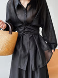 Momentlover Solid Color Long Sleeves Tied Waist Blouse + Loose Elasticity Waist Skirt Two Pieces Set