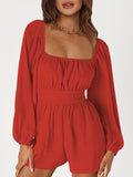 Momentlover Tied Solid Color Elasticity Backless Puff Sleeves Loose Square-Neck Rompers