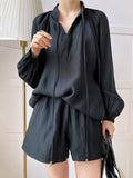 Momentlover Casual Loose Solid Color Puff Sleeves Blouse&Wide Leg Shorts Two Pieces Set