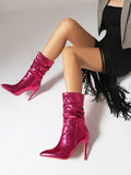 Momentlover Split-Joint Solid Color Snakeskin Printed Pleated Pumps Boots