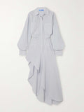 Momentlover Striped Asymmetric Long Sleeves Lapel Collar Midi Dresses