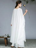 Momentlover Artistic Retro Loose Chiffon Solid Color Falbala Round-Neck Kimono Sleeve 2 Pieces Set