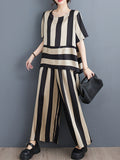 Momentlover Striped Loose Irregular clipping Round-neck Two Pieces Set