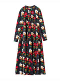 Momentlover Split-Joint Flower Print Buttoned Loose Long Sleeves Round-neck Midi Dresses