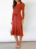 Momentlover Tied Waist Solid Color Long Sleeves High Waisted Round-Neck Sweater Dresses Midi Dresses