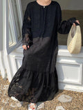 Momentlover Tied Waist Split-Joint Solid Color Pleated Flower Print Puff Sleeves Loose Round-Neck Maxi Dresses