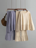 Momentlover Casual Long Sleeves Loose Solid Color Round-Neck Sweater Tops & Wide Leg Pants Two Pieces Set