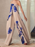 Momentlover Loose Wide Leg Flower Print Pleated Wide Side Tube Jumpsuits Bottoms
