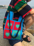 Momentlover Chains Color-Block Contrast Color Heart Print Woven Shoulder Bags Handbags