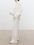 Momentlover Solid Color Long Sleeves High-Neck Sweater Top + Wide Leg Pants Bottom Two Pieces Set