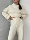 Momentlover Loose Solid Color Hooded Long Sleeves Round-Neck Sweater Top + Drawstring Pants Bottom Two Pieces Set